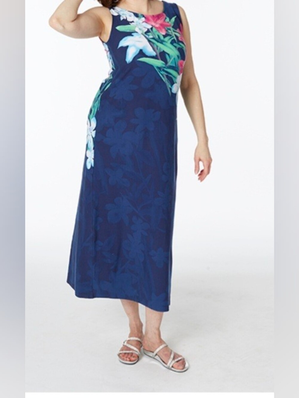 Quacker Factory Tropical Floral Printed Knit Maxi Dress Size LP